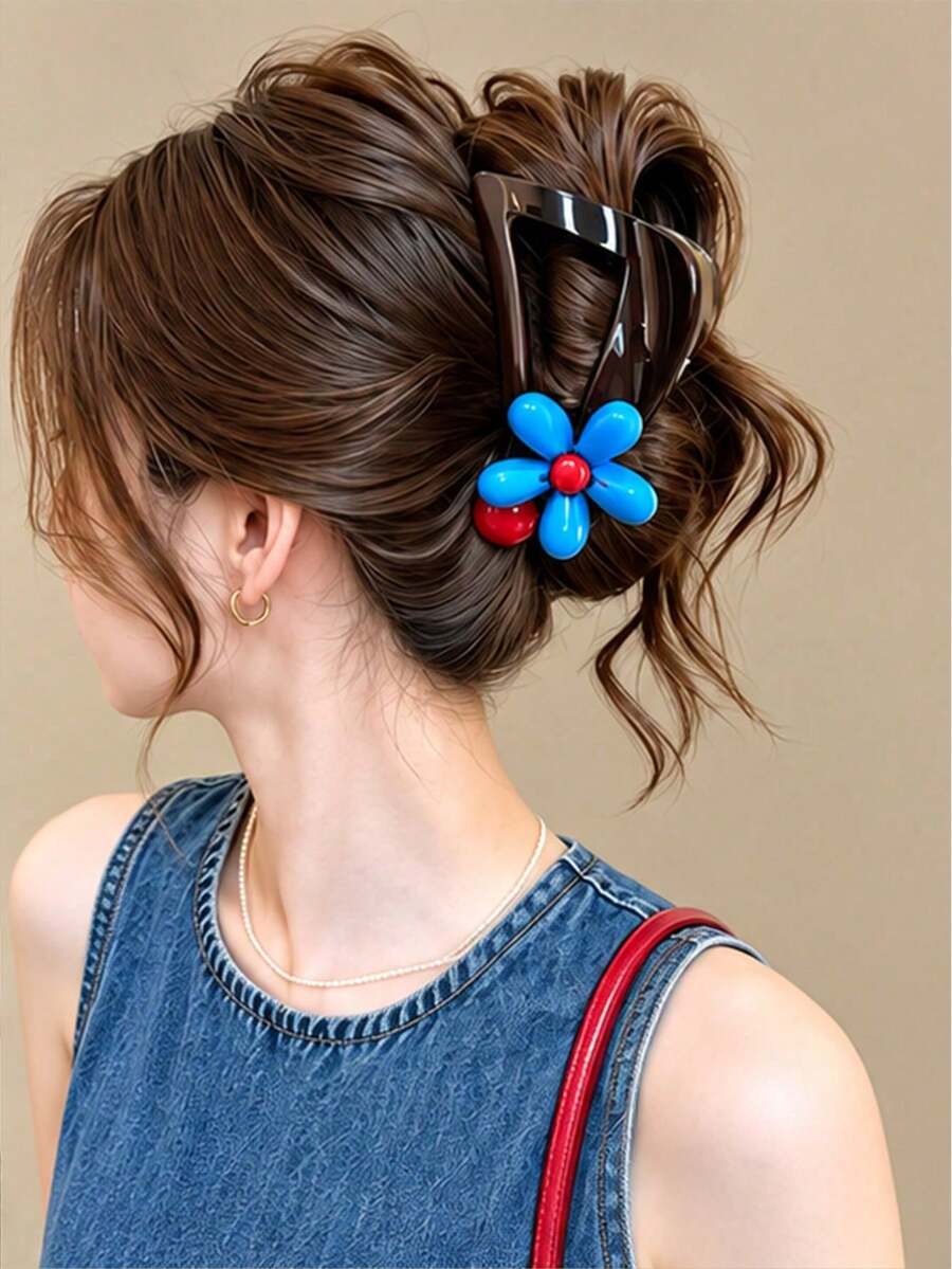 1pc Women Contrast Color 3D Flower Triangle Claw Clip, Cute Acrylic Floral Hair Claw, Back Head Bun Hair Accessory - Multicolor - View 1