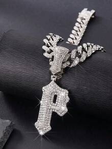 Iced Out Gothic 26 Letter Pendant Cuban Link Chain Necklace, Hip Hop Bling Rhinestone Men's Necklace, Street Party Jewelry Gift - Letter - View 15
