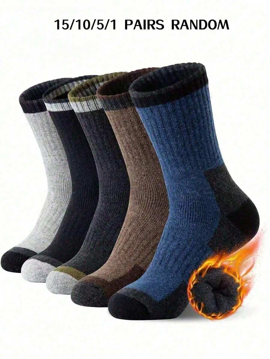 15/10/5/1 Men's Mid-Calf Wool Lined Thick Warm Sports Socks, Suitable For Autumn/Winter Outdoor Hiking And Winter Wear - Multicolor - View 1