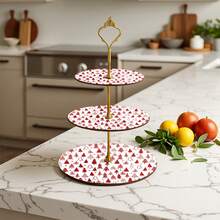 3-Tier Gold Stand Red Christmas Tree Print Cake Stand Suitable For Holiday Party Decoration - Multicolor - View 3