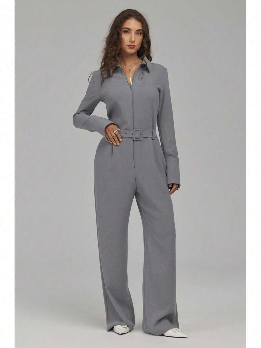 Women's Solid Color Casual Daily Jumpsuit - Grey - View 1