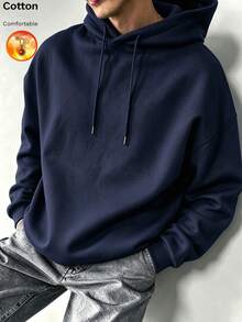 Men's Hooded Sweatshirt, Thermal Lined Long Sleeve Loose Fit, Mountain & Fish Pattern, Casual Versatile Style For Autumn/Winter - Navy - View 5