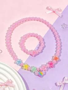 2pcs/Set Girls Sweet Heart Pendant Necklace & Charm Beaded Bracelet Jewelry Set, Suitable For Girls Party Gift & Daily Wear - one-size - View 2