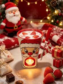 Christmas Ceramic Chocolate Fondue Cup Set With Tea Candle Holder And Forks, Santa Claus Reindeer Tree Pattern Heat-Resistant Hot Chocolate Melting Pot, Holiday Dessert Dipping Bowl For Strawberries Marshmallows, Christmas Party Tableware Gift - Multicolor - View 18