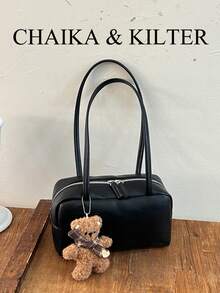CHAIKA & KILTER 1件裝純色PU布料女款復古時尚啞光單肩保齡球包，對比色絎縫拼接，雙手柄設計，拉鍊開合，適合日常與旅行使用 - 黑色 - 查看 5
