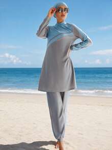 VFJ Women's Swimwear, Islamic Style 3 Pieces Swimwear Set, Gray And Pink Patchwork, Includes Headscarf Beach Vacation Summer - Blue - View 5