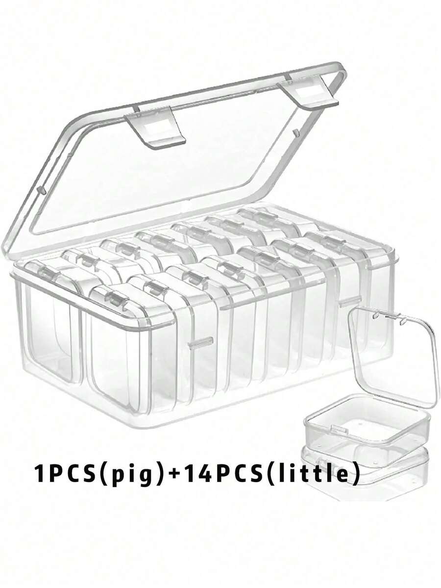 1 Caja Grande + 14 Cajas Pequeñas Caja De Almacenamiento De Anillos Con Caja De Pendientes Cuadrada Transparente, Embalaje De Joyería, De Almacenamiento De Perlas Falsas D9LV - transparente - Ver 1