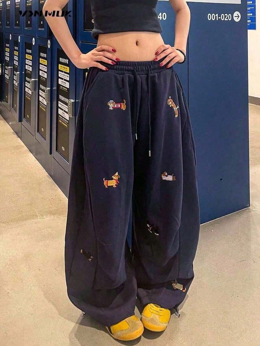 Pantalones para mujer, pantalones deportivos holgados de color azul marino con bordado de perro teckel, cintura alta con cordón elástico, corte amplio, pantalones deportivos informales. - A - Ver 1