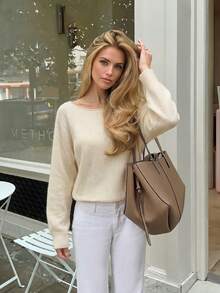 Nicenter Women's Solid Color Boat Neck Sweater, Oatmeal Soft Knit Drop Shoulder Long Sleeve Pullover, Elegant Minimal Fall Winter Knit Top - Apricot - View 1