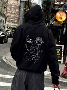 Men's Fleece Hoodie, Back Face And Rose Line Print, Y2K Style, Autumn/Winter - Black - View 4