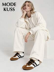 MODE KUSS Women's Fashion Minimalist Commuter Maillard Style Colorblock Double Buckle Casual White & Brown Slip-On Round Toe Lace-Up Patchwork Design Retro Daily Commuter Shoes - Off-white - View 7