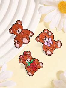 Cute Brown Teddy Bear Enamel Pin, Bow Heart Strawberry Bear Brooch, Decorative Lapel Pin For Jackets Backpacks Hats - Multicolor - View 4