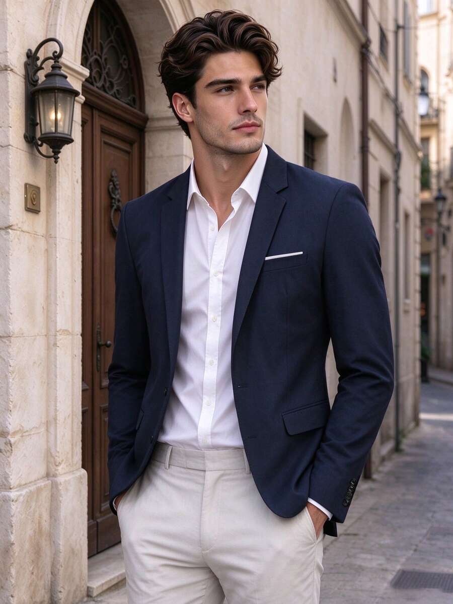 Men's Suit Jacket, Elegant Men's Suit Jacket, Business Banquet, All Season Formal Professional Wear, Suitable For Wedding Party, Office, Company Events - Navy Blue - View 1