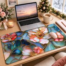 1 buah Alas Mouse Motif Bunga Kaca Patri Besar, Alas Meja Mewah Bergambar Bunga Berwarna-warni dengan Garis Emas, Alas Keyboard Gaming Anti Selip - View 1