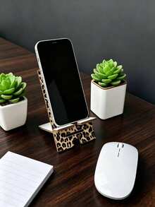 1 Pack Leopard Pattern Portable Wood Phone Stand, Adjustable Two Heights Cell Phone Holder, Multi-Function Desktop Decor & Storage Rack, Mobile Accessory, Christmas Halloween Party Supply, Gift For Friends - Multicolor - View 10