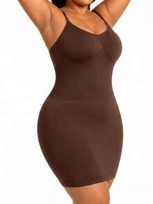 Women's Solid Color Ribbed Knit Bodycon Midi Dress, Adjustable Spaghetti Strap V-Neck Slim Fit Pencil Dress, High Elasticity For Date Party Daily Wear - Coffee Brown - View 3