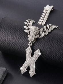 Iced Out Gothic 26 Letter Pendant Cuban Link Chain Necklace, Hip Hop Bling Rhinestone Men's Necklace, Street Party Jewelry Gift - Letter - View 21