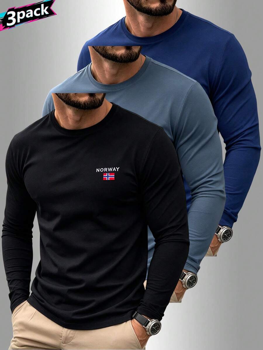3pcs Men's Solid Color Crew Neck Long Sleeve T-Shirts, Suitable For Fitness Training, Running And Casual Wear - Multicolor - View 1