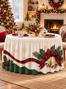 1pc Christmas Table Skirt, White Green Holly Berry Bell Bow Snowflake Print Polyester Ruffled Table Cover, Festive Decorative Table Skirting For Dining Table, Buffet, Dessert Table, Xmas Party, Holiday Dinner And Home Decor - A - View 7