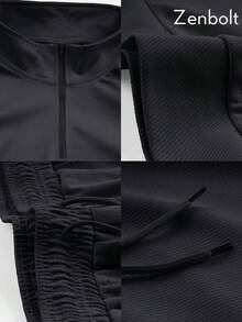 Zenbolt Men's Textured Waffle-Knit Half-Zip Long-Sleeve Top And Drawstring Joggers, Casual Two Pieces Gym Set Hombre For Autumn And Winter. - Black - View 7