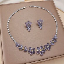 Luxury Champagne Zirconia Tassel Necklace & Earrings Set, Elegant Floral Rhinestone Jewelry For Women, Formal Evening Party & Ball - Multicolor - View 11