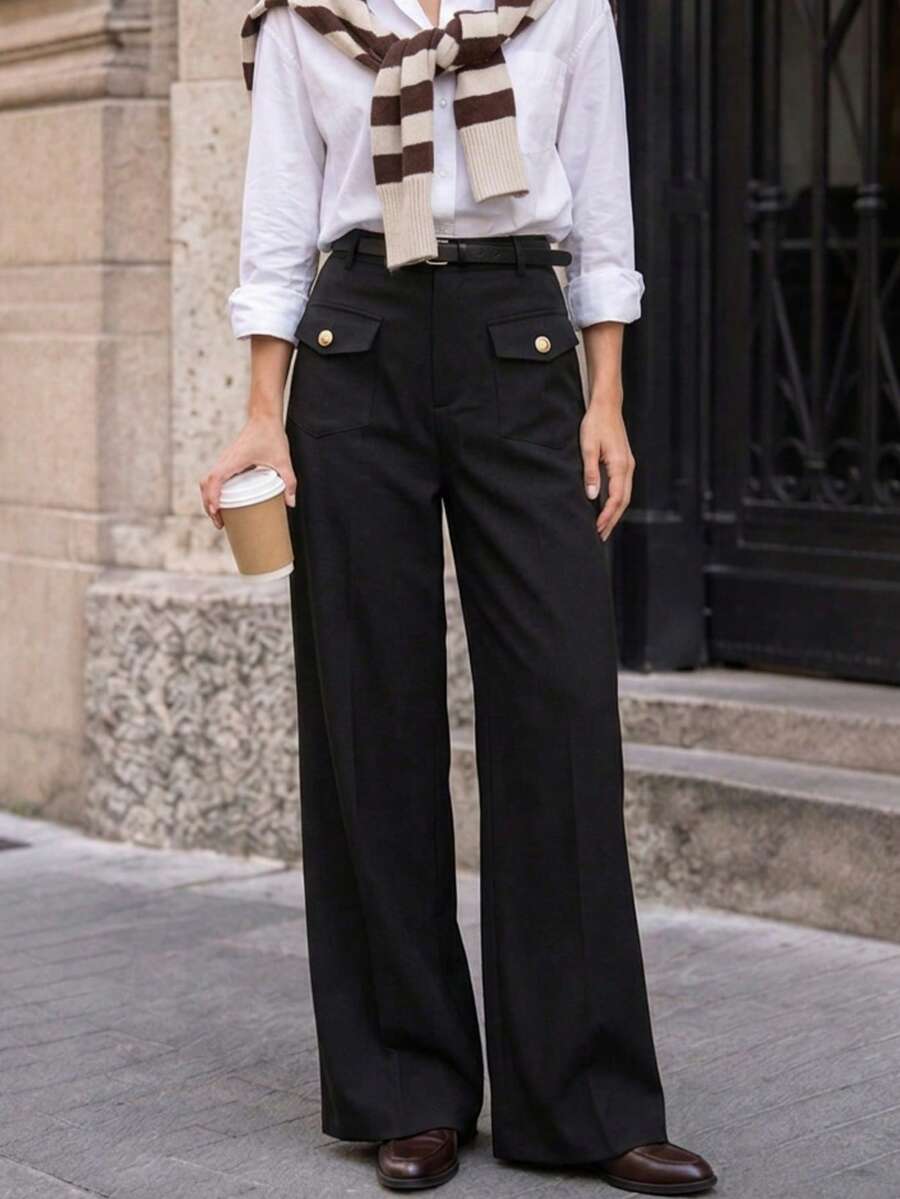 1pc Solid Color Woven Fabric Pocket Button Zipper Black Cargo Flared Pants, Breathable Non-Stuffy, Suitable For All Seasons, High Waist Flared Pants Style, Retro Flap Resin Button, Cargo Pocket, Classic Trouser Fly Structure, Textured Woven Fabric, Suitable For College, Office, Daily, Airport Wear - Black - View 1