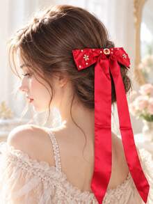 1pc Vintage Elegant Red Satin Bow Hair Clip With Rhinestone Long Ribbon Bridal Headpiece - Red - View 1