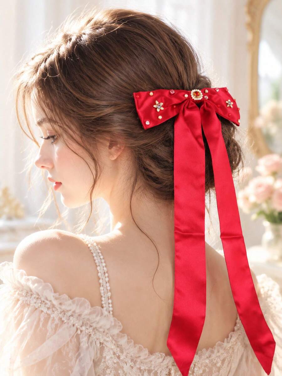 1pc Vintage Elegant Red Satin Bow Hair Clip With Rhinestone Long Ribbon Bridal Headpiece - Red - View 1
