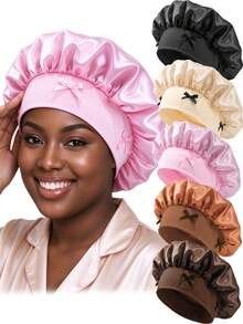 CONFLASS Soft Elastic Wide Band Sleep Cap With Bows,Silky Hair Bonnet For Sleeping Night Cap,Protect Curly Hair,Hair Wrap For Braid Natural Hair,Daily Sleeping - Multicolor - View 10