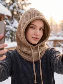 1pc Women's Solid Color Balaclava Couple Style Ear Protection Knitted Hat, Scarf Integrated Hooded Knit Knitted Cap - A - View 10
