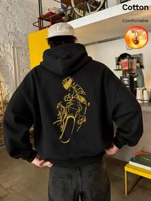 Men's Fleece Hooded Sweatshirt With Back Cyclist Print, Y2K Style, Autumn/Winter - Black - View 1