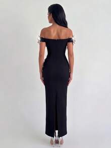 Elegant Sleeveless Cold Shoulder Long Pencil Dress With 3D Rose Detail, Suitable For Women's Evening Wear - Black - View 9