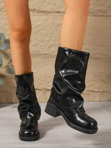 Vintage Ruched Stacked Ankle Boots For Women 2026 Autumn/Winter New Round Toe Chunky Heel Belt Buckle Short Shaft Riding Boots Black - Black - View 6