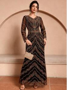 JINLICX Elegant Luxury Solid Color Sequin Beaded Evening Gown For Wedding, Holiday, Formal Dinner, Spring, Summer, Autumn - Black - View 1