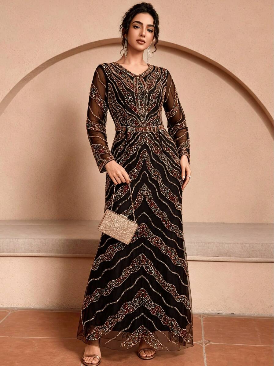 JINLICX Elegant Luxury Solid Color Sequin Beaded Evening Gown For Wedding, Holiday, Formal Dinner, Spring, Summer, Autumn - Black - View 1