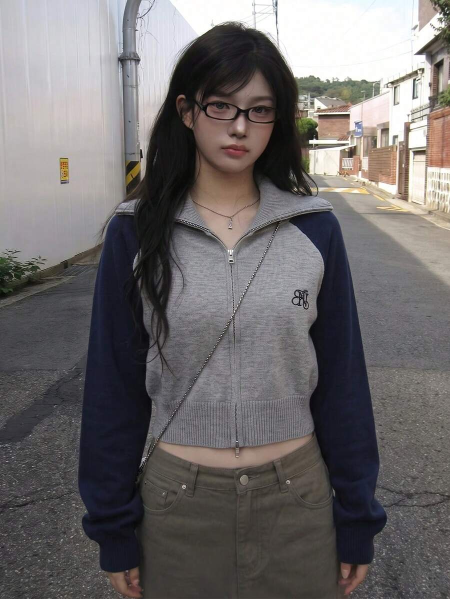 女款對比色雙拉鍊針織開襟衫,秋冬新款刺繡落肩袖毛衣外套上衣 - 灰色 - 查看 1