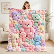 1pc Macaron Color Bear & Floral Print Flannel Throw Blanket, Sofa Decorative Blanket - Multicolor - View 6