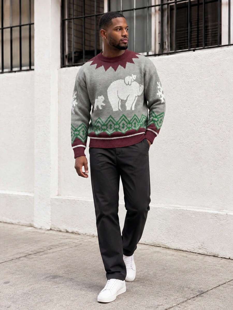 BLACKTOEXIT Men's American Street Style Hip Hop Crew Neck Drop Shoulder Knit Sweater, Autumn/Winter - Red - View 1