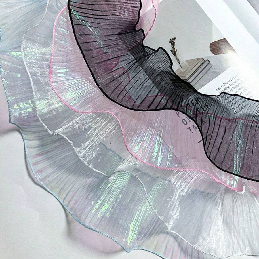 2-Yard Ruffled Lace Trim, Pleated Chiffon Tulle In Rainbow Hues, Decorative Trim For Formal Wear; Organza Ruffle Fabric For Sewing Dresses, Sleeves, Garment Embellishments, And Trimming Crafts-Perfect For Halloween. - Multiple Styles - View 1