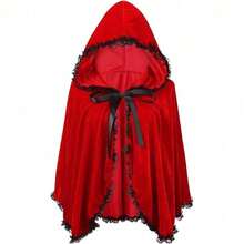1pc Women's Gothic Velvet Hooded Cape, Red Little Red Riding Hood Cosplay Cloak, Lace Trim Contrast, Suitable For Halloween And Christmas Parties - Multicolor - View 9