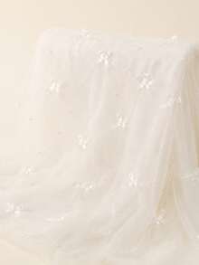 1件 3D蝴蝶結珍珠網布，婚紗公主禮服面紗背景DIY布料 - 白色 - 查看 1