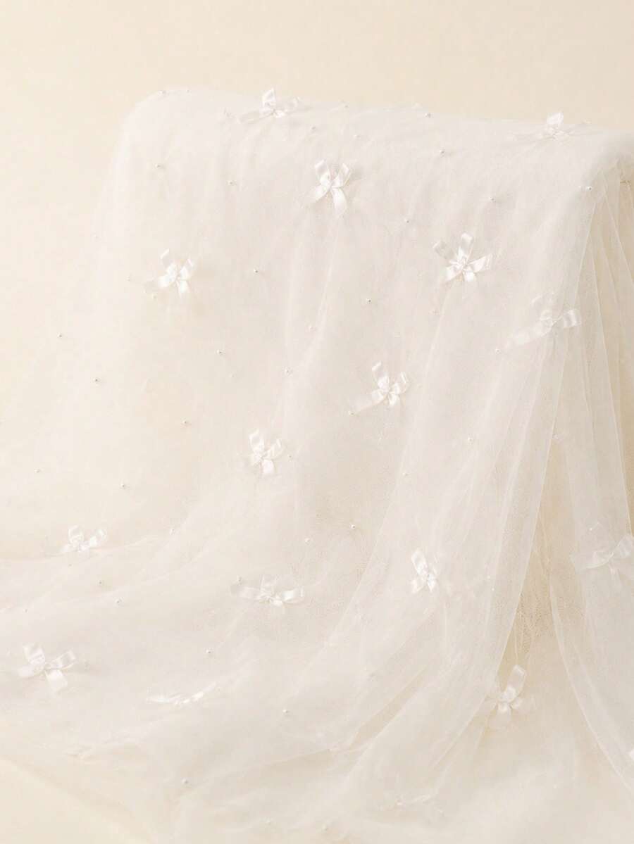 1件 3D蝴蝶結珍珠網布，婚紗公主禮服面紗背景DIY布料 - 白色 - 查看 1