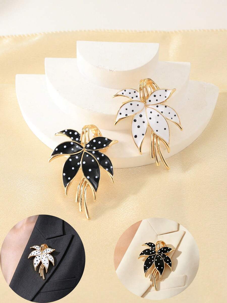 1pc Alloy Vintage Enamel Glazed Black & White Spotted Floral Brooch, Classic Women's Style, Suitable For Business, Commute, Party, Holiday And Other Occasions.