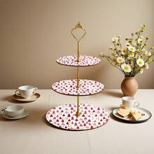 3-Tier Gold Stand Red Christmas Tree Print Cake Stand Suitable For Holiday Party Decoration - Multicolor - View 7