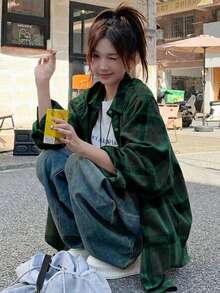 女款格紋長袖襯衫，初秋外套，寬鬆上衣 - 黑綠格紋 - 查看 3