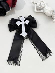 1pc Gothic Embroidered Cross Lace Bow Ribbon Hair Clip, Vintage Lolita Long Ribbon Back Of Head Alligator Hair Clip Accessory - Multicolor - View 4