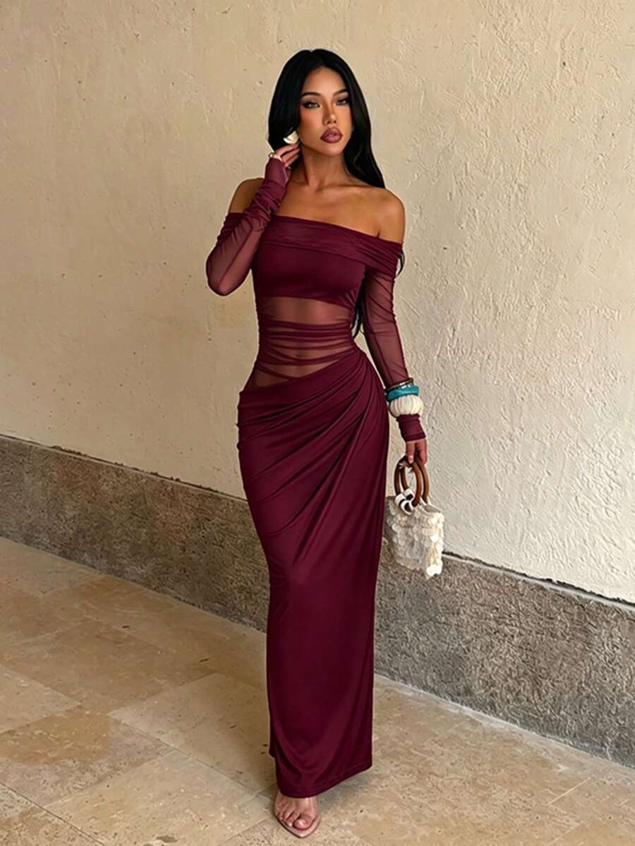 Fall And Winter, Elegant Dress, Draped See-Through Patchwork Party Dress, Back To School Dance, Halloween, Suitable For Weddings, Birthdays - Burgundy - View 1