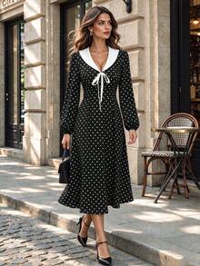 Fall Vintage Black Polka Dot Midi Dress Women, Contrast Collar Front Bow Tie, Lantern Sleeve A Line Fall Dress - Black and White - View 8