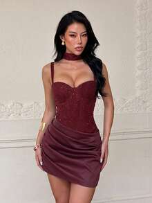 Women's Wine Red Elegant Textured Fabric Halter Decor Dress, For Date, Party, Wedding, Holiday, Halloween, Christmas,Fall,Winter,Hoco - Burgundy - View 3