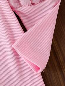 Baby Girl 2pcs Set Pink Ribbed 3D Bubble Long Sleeve T-Shirt + Bow Print Wide Leg Denim Pants, Infant Toddler Spring Autumn Fashion Outfit - Pink - View 6